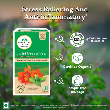 A TATA Product - Organic India Tulsi Green Tea Pomegranate - 25 Tea Bags, Certified Organic, Stress Relief, Rich in Antioxidant, Tulsi & Pomegranate Infusion